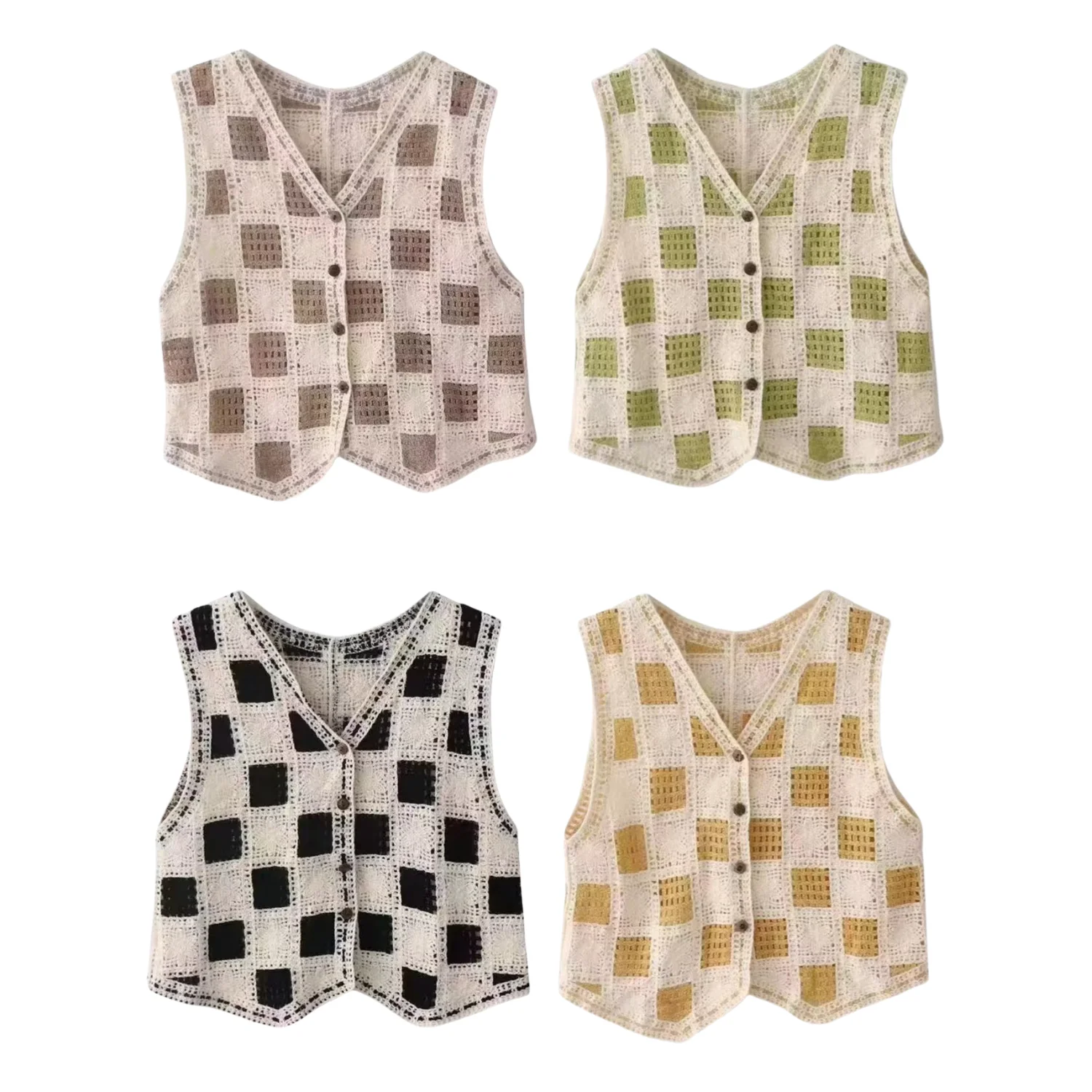 

BM&MD&ZA Womens Casual Stylish Ethnic - style Knitted Jacquard Mesh Short V - neck Sleeveless Checkered Vest Waistcoat