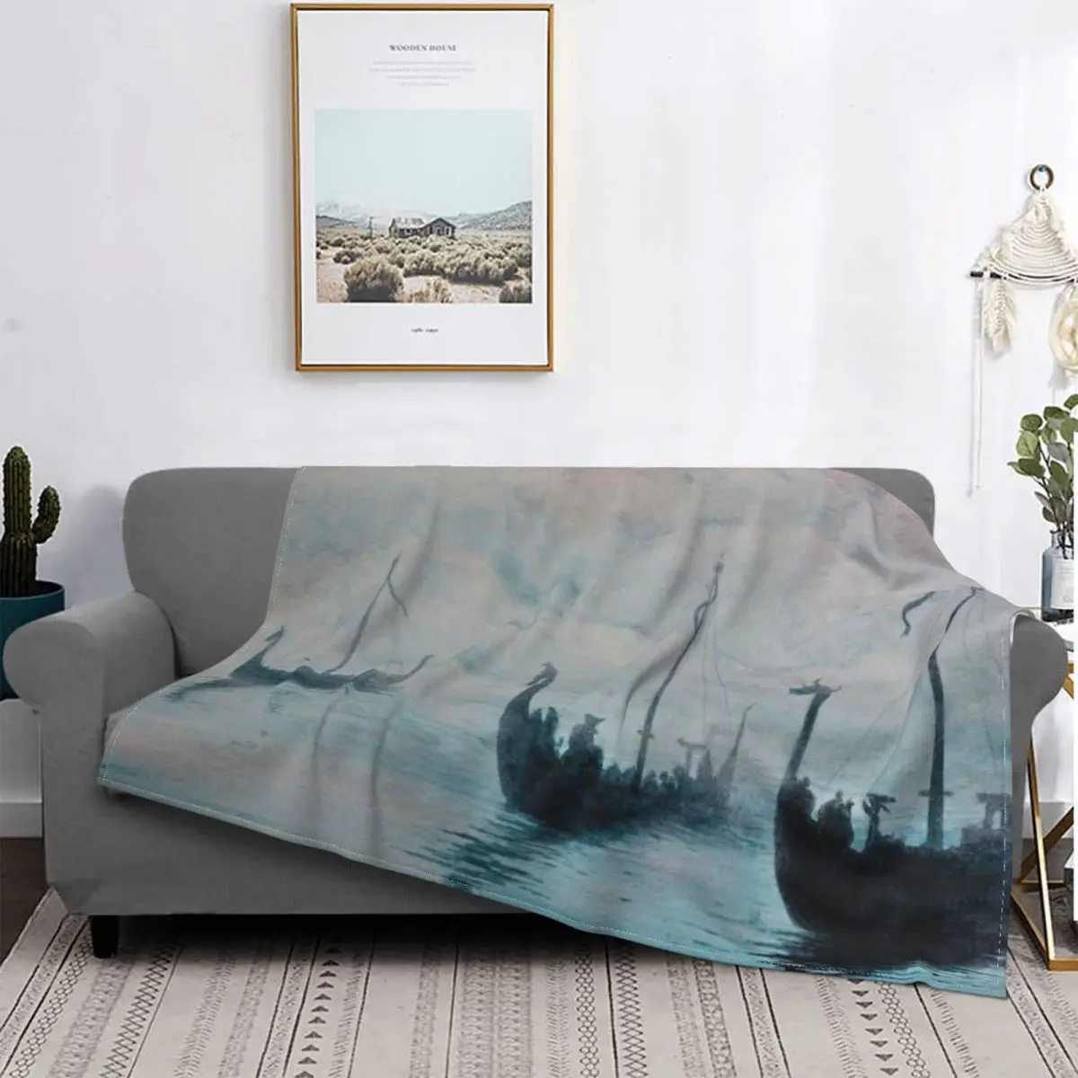 Vikings Ship From The Mist Blanket Flannel Upholstery Sea Mist Ship Soft Blanket Bed Bedroom Bedding