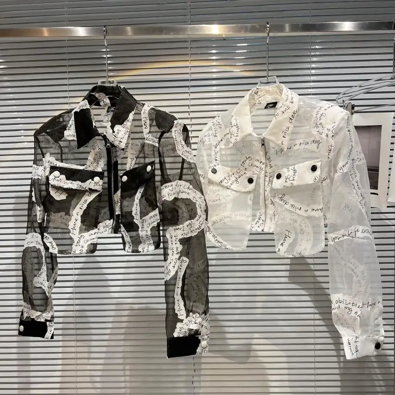 2025 Summer New English Letter Printing Transparent Mesh Sunscreen Shirt Trendy Leisure Unique Design Short Coat Top