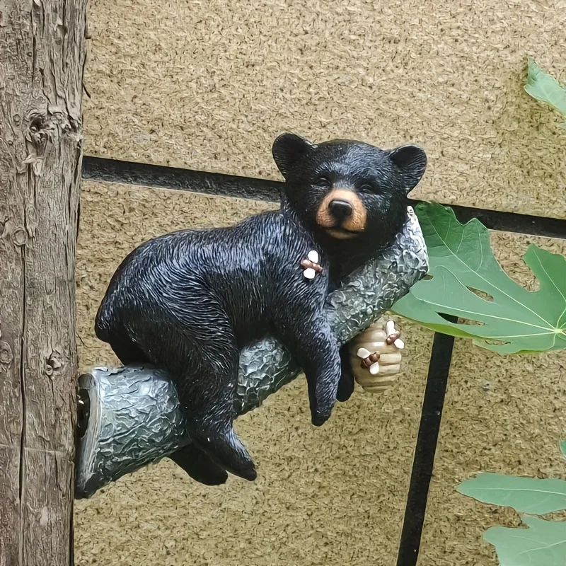 Resin Cute Sleeping Black Bear Hanging on Tree Branch with Honeycomb Statue for Outdoor Garden Yard Trunk Decor Ornament