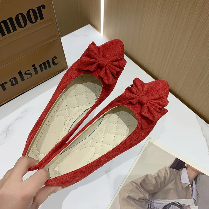 Women's Shoes Autumn Fashion Flats Suede Non Slip Classic Bow Office Shoes Pointed Toe Shallow Women Loafers New Sapato Feminino
