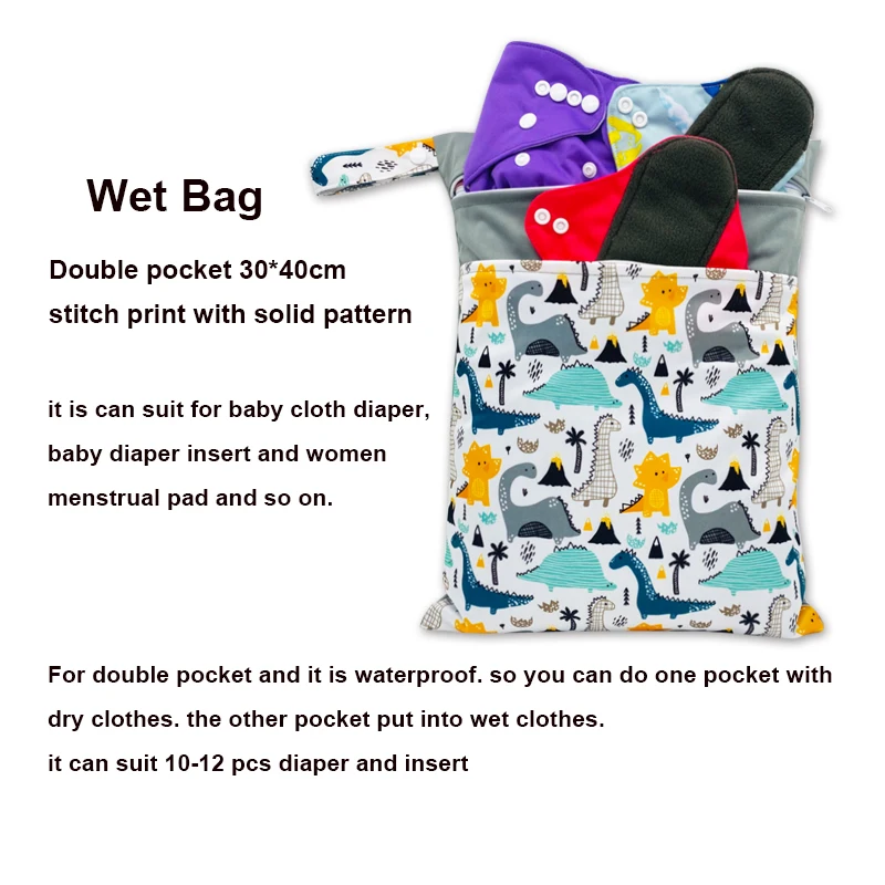 [Usurpon]1PC Print Double Pocket Wet Bag 30*40cm Nappy Bag Waterproof Diaper Storage Double Zipper Handle Bag