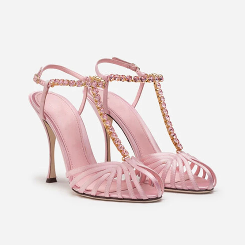 

Summer New Rhinestone Chain T-Strap Hollow Pink Silk Forged High-Heeled Shoes Stiletto Sexy High-Heeled Sandals