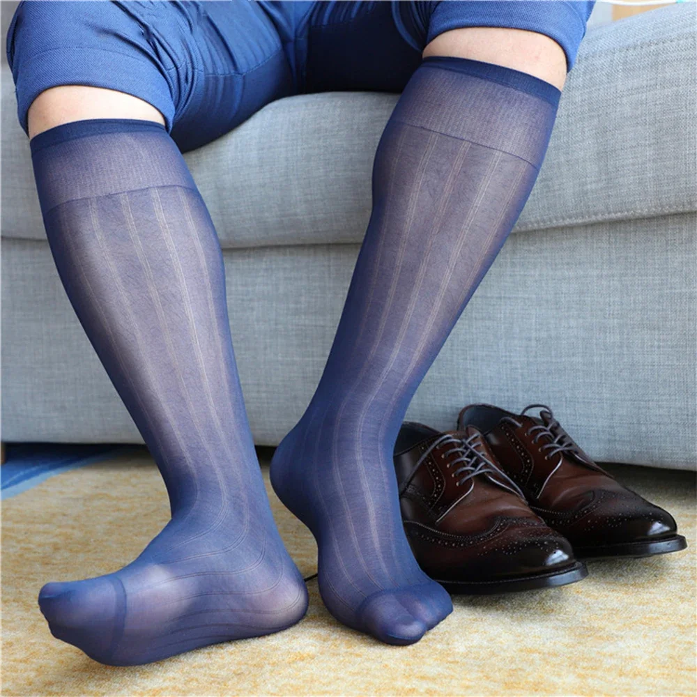 1 Pair Summer Men\'s Sexy Socks Knee High Long Striped Thin Formal Dress Silk Sheer Socks Business Stockings For Man