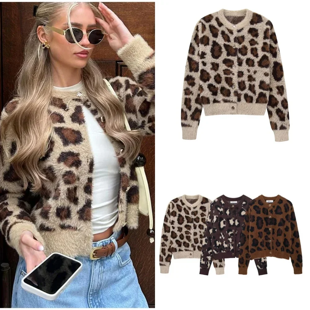 Women Leopard Print Single-breasted Cardigan Vintage Round Neck Long Sleeve Sweater Autumn Winter Ladies High Street Knitwear