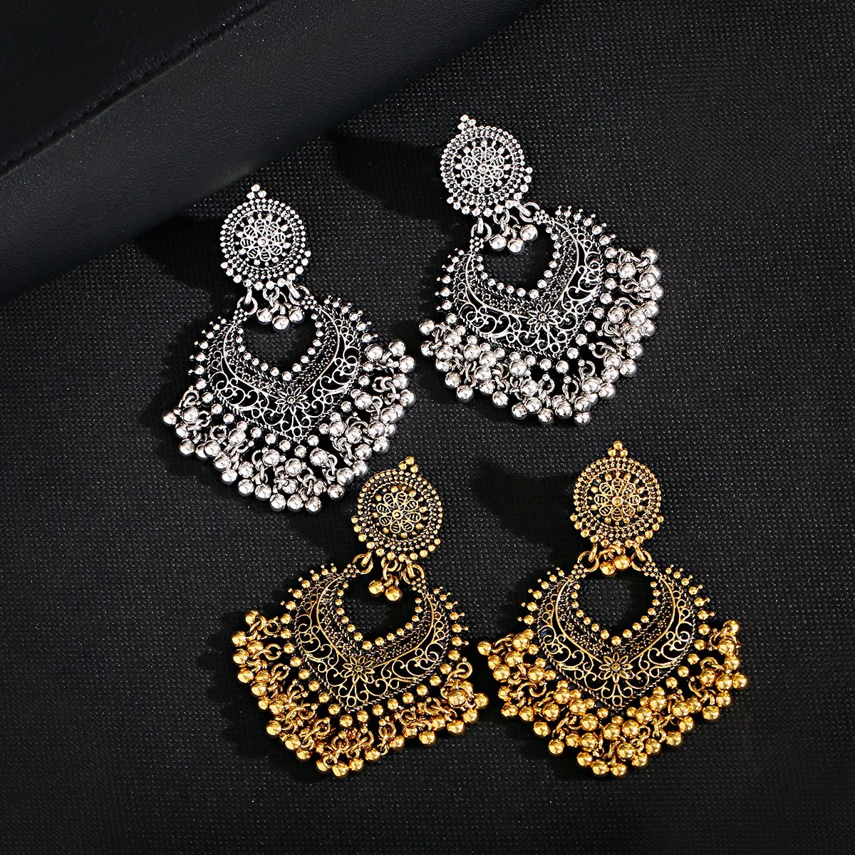 Boho Vintage Peach Heart Beads Tassel Dangle Earrings for Women Gold Color Hollow Carved Wedding Earrings Ethnic Indian Jewelry