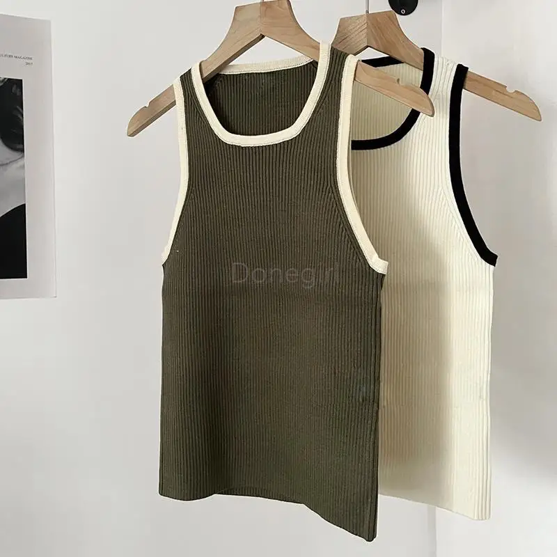 Donegirl 2023 New Women Spring Summer Sleeveless Ribbing Slim Color Clash Knitted Suspenders Vest Female Casual Tops Chic Tank