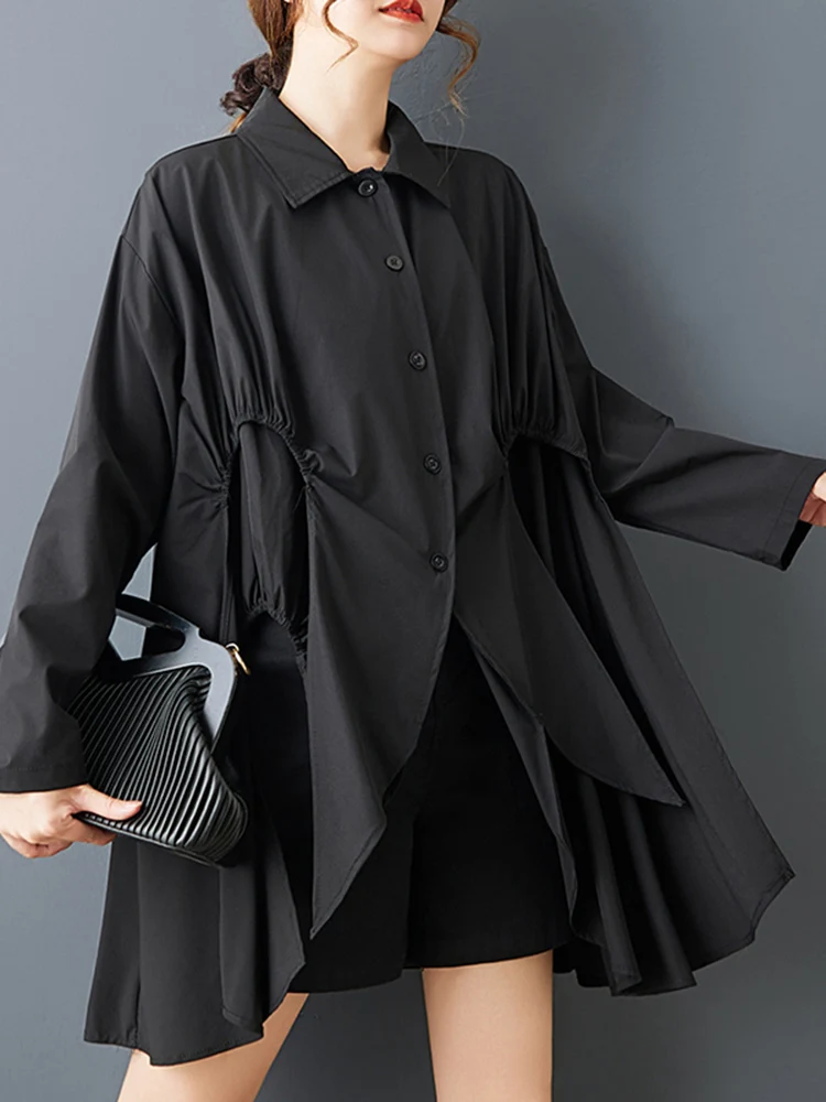 Chemise asymétrique noire Vintage pour femmes, manches longues, ample, décontractée, haut à la mode, vêtements de personnalité, printemps automne 2025