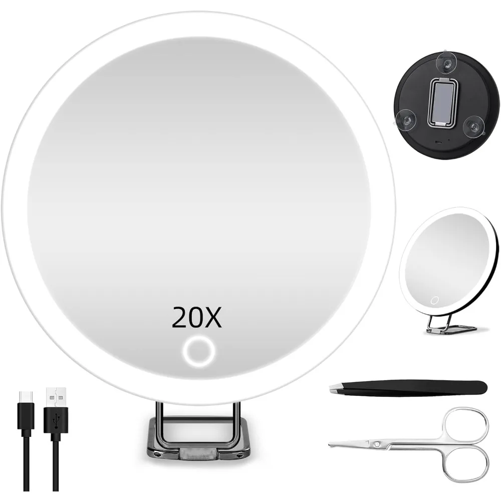 

Makeup Mirror, 6'' 20X Magnifying Mirror, with Lights, with Suction Cups & Table Stand, with Tweezers and Scissors,Makeup Mirror