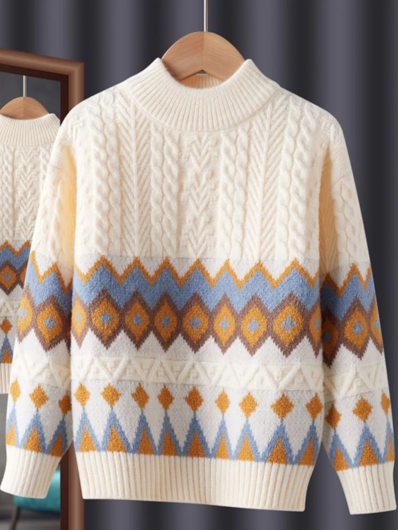 Boys' Thickened Cable Knit Sweater - Stylish Argyle Pullover for Fall & Winter, Warm Top for Big Kids