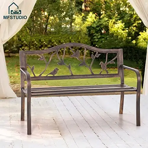 50 Inches Outdoor Garden Bench Cast Iron Metal Bird Pattern Bronze | E-Coating Anti-Rust Finish, Weatherproof Outdoor