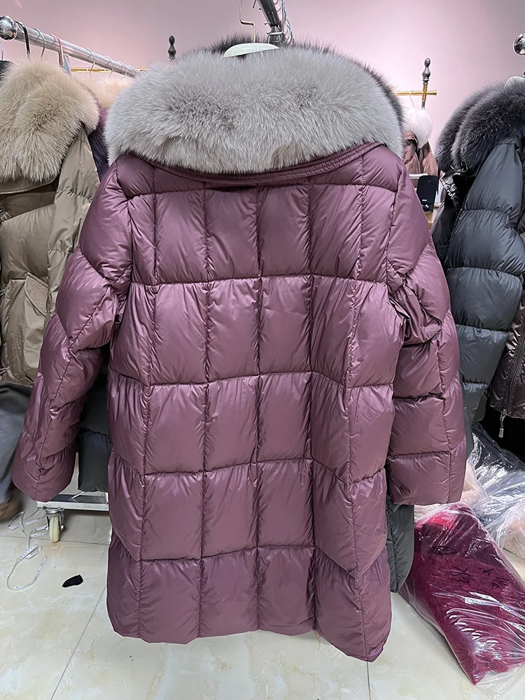 2025年女性用冬用暖かいパファージャケット、本物のフォックスファー襟付き、天然グースダウンジャケット、厚手コート、女性用アウターウェア