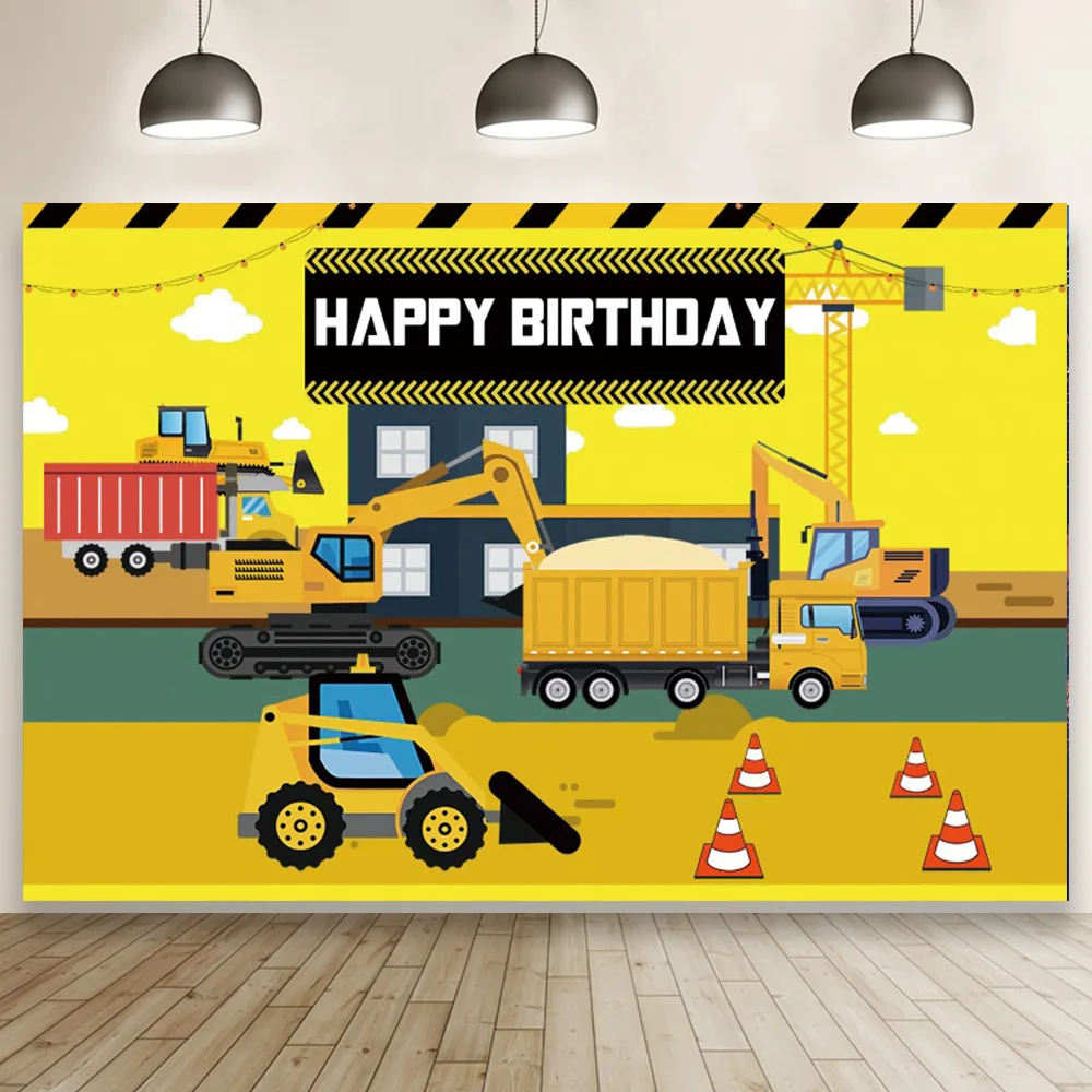 

Yellow Construction Birthday Party Backdrop Decorations Suplies for Kids Boys Excavator Crane Photography Booth Props