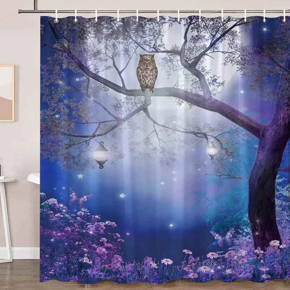 Moon Owl Shower Curtain Enchanted Forest Bird Flower Butterfly Fantasy Fairy Tree Lanterns Night Sky Scenery Bathroom Decor Sets