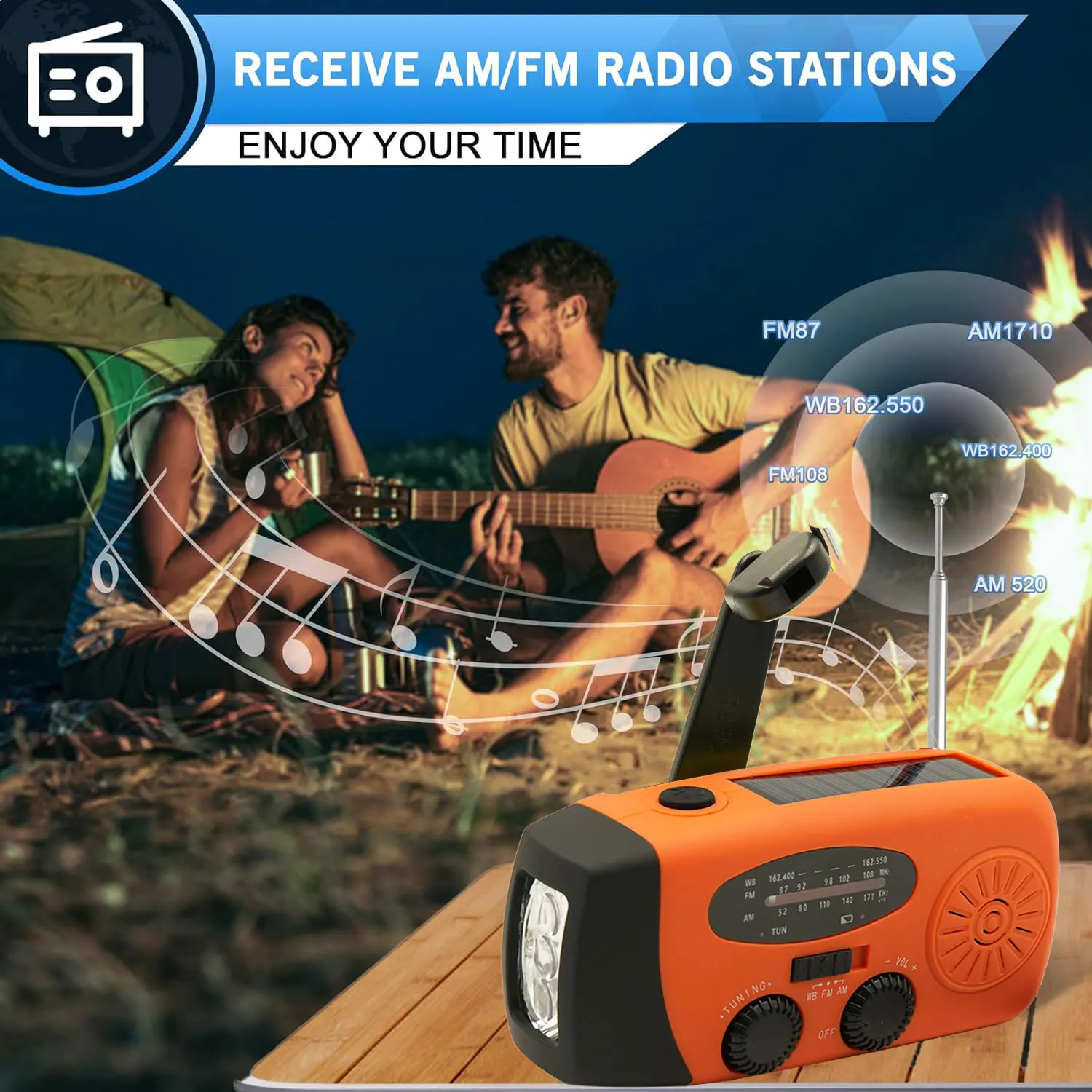 AM/FM Radio Solar Hand Crank Powered Camping Light With Outdoor 2000mAh USB Charging Multifunctional Hand Dynamo LED Flashlight