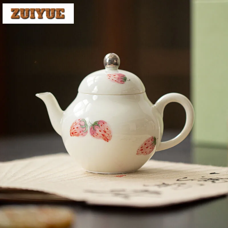 

150ml Apricot White Handmade Teapot Household Hand-painted Strawberry Filter Pot Aesthetic Pot Tea Brewing Kettle Tea Items Gift