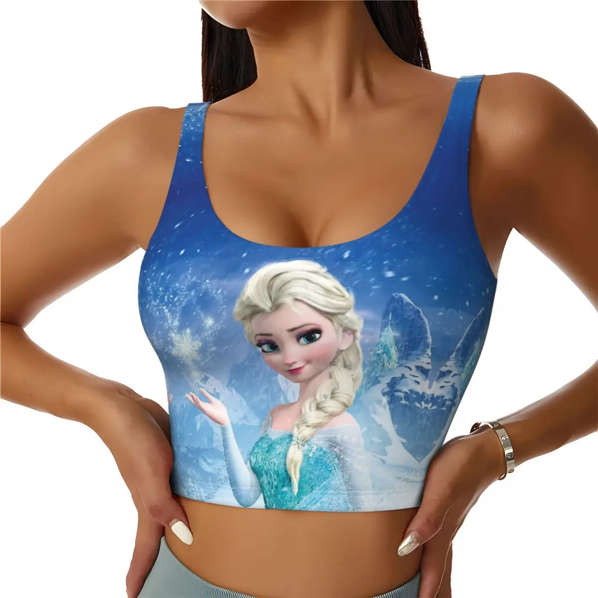 Custom Cartoon Anime Frozen Princess Elsa High Impact Sports Bras Women's Seamless Workout Yoga Crop Tank Tops