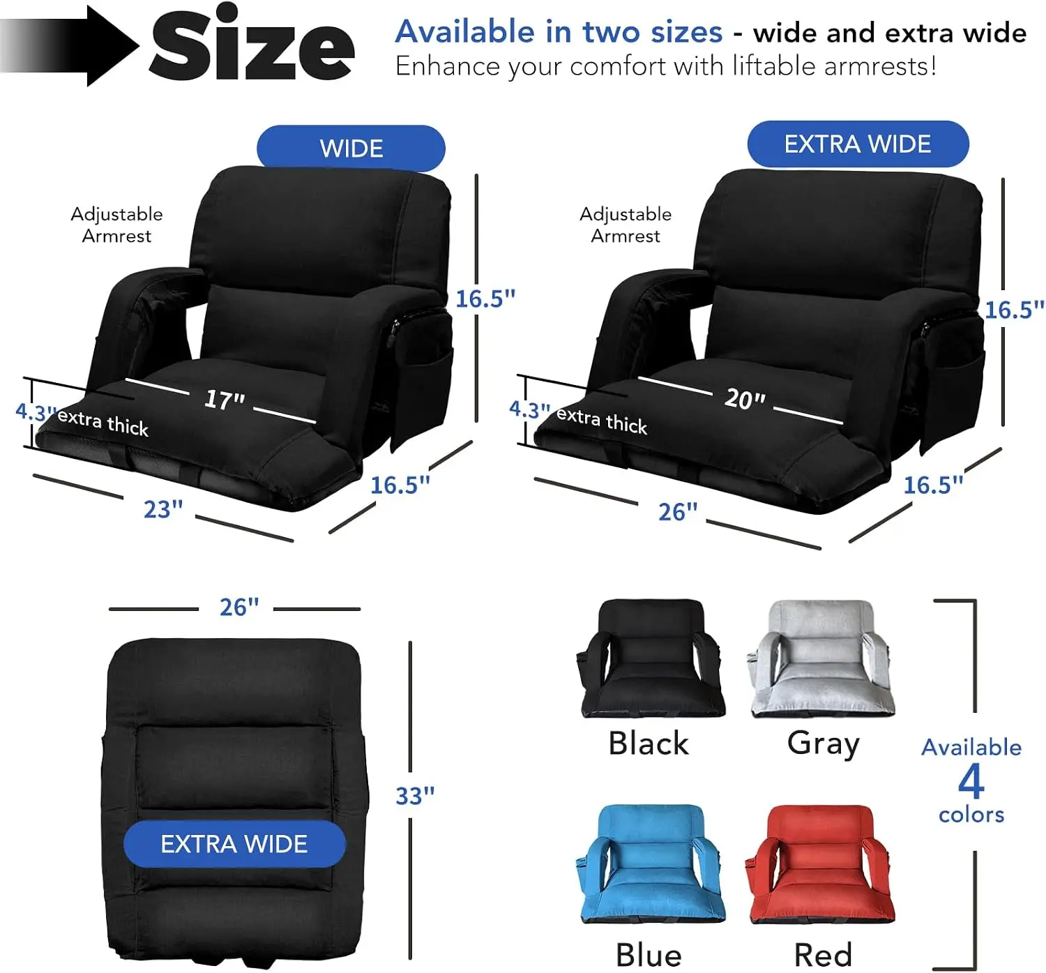 2 Pack Extra Wide Bleacher Stadium Seats with Back Support and Thick Cushion, 6 Reclining Positions Sofa‑Style Stadium Chairs for Sports Events, Black, 25 Inch