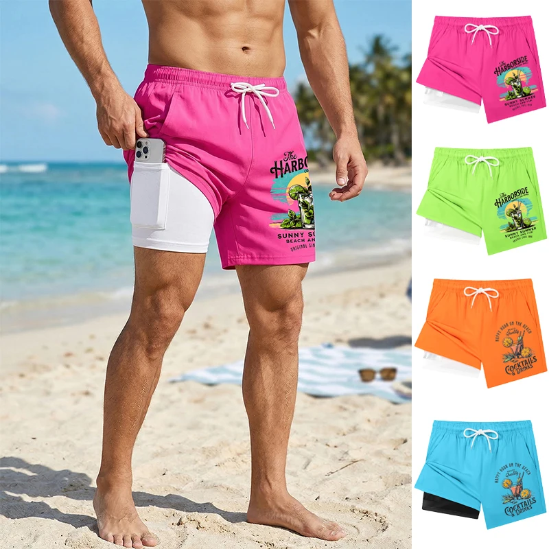 Cocktails Drinks Print 2 in 1 Beach Shorts for Men Summer Casual Board Shorts with Phone Pocket Quick Dry  Swim Trunks Swimsuit