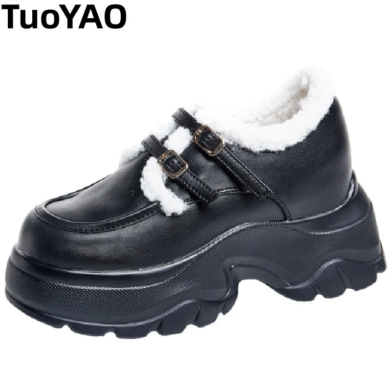 

9.5cm Platform Sneakers Comfortable Thermal Insulated Warm Fur Winter Sneakers for Women Shoes Buckle Leather Boots