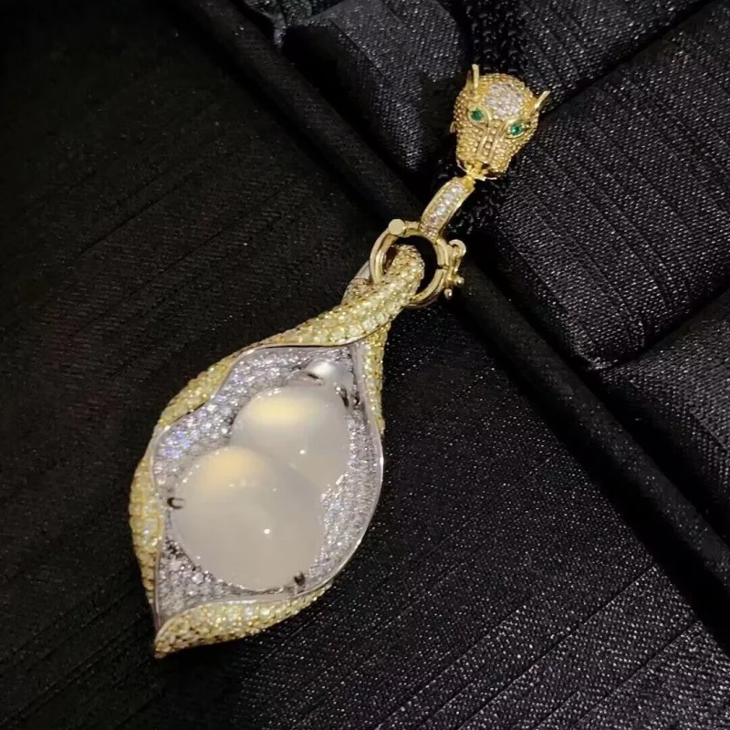 -Like Silver-Plated Inlaid White Chalcedony Calabash Pendent Double-Sided Jade Gourd Pendant