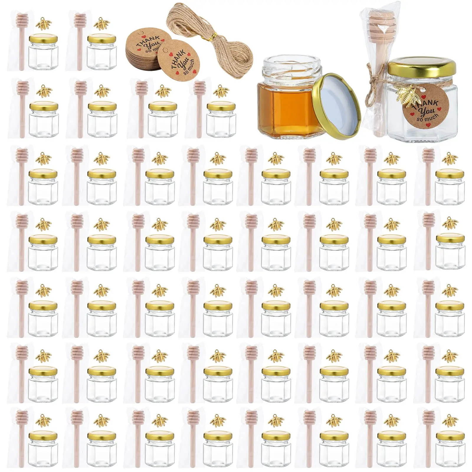 Mini Hexagonal Glass Honey Jar, Small Honey Jar with Honey Stick, Bee Charm, Thank You Card, 1.5oz-60PCs