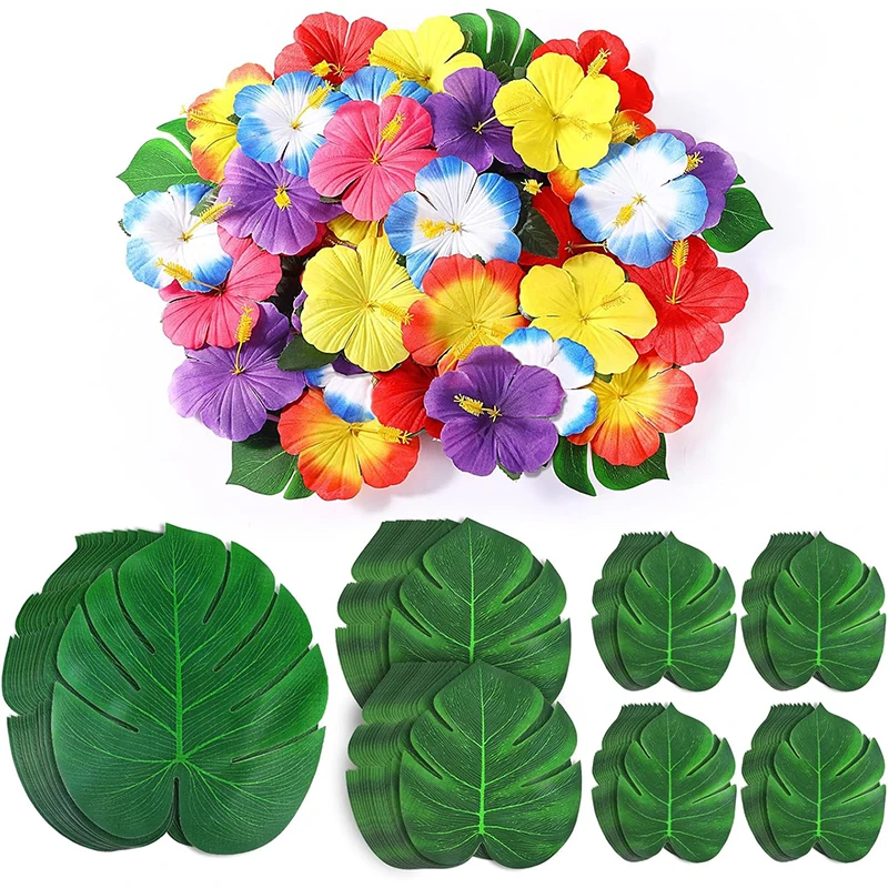 10/20Pc Hawaiian Luau Party Aloha Banner Hibiscus Flower Palm Leaves Sea Wave Tablecloth for Tropical Party Beach Birthday Decor