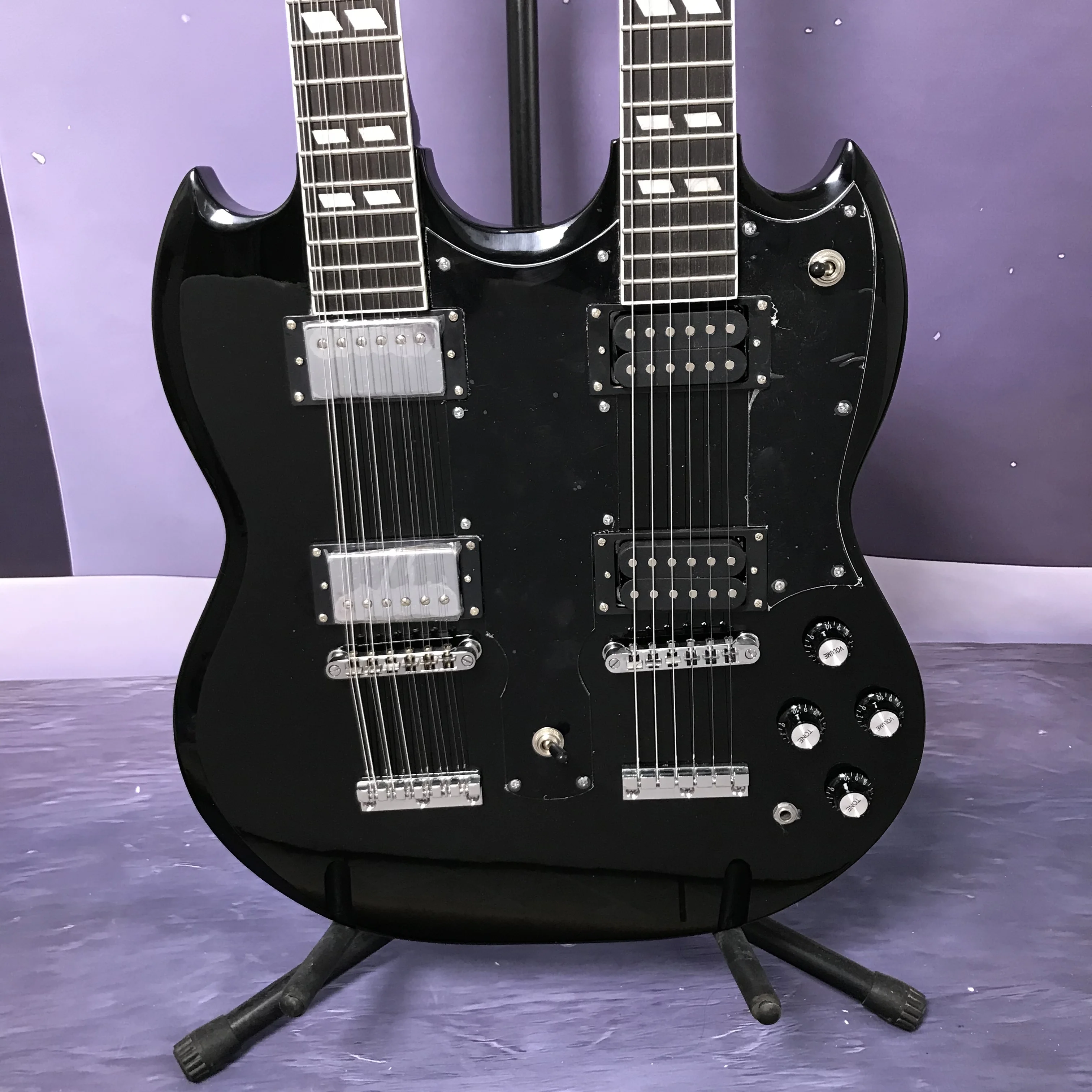 Factory custom electric guitar Black color S G  double neck 12+6 strings hot sale