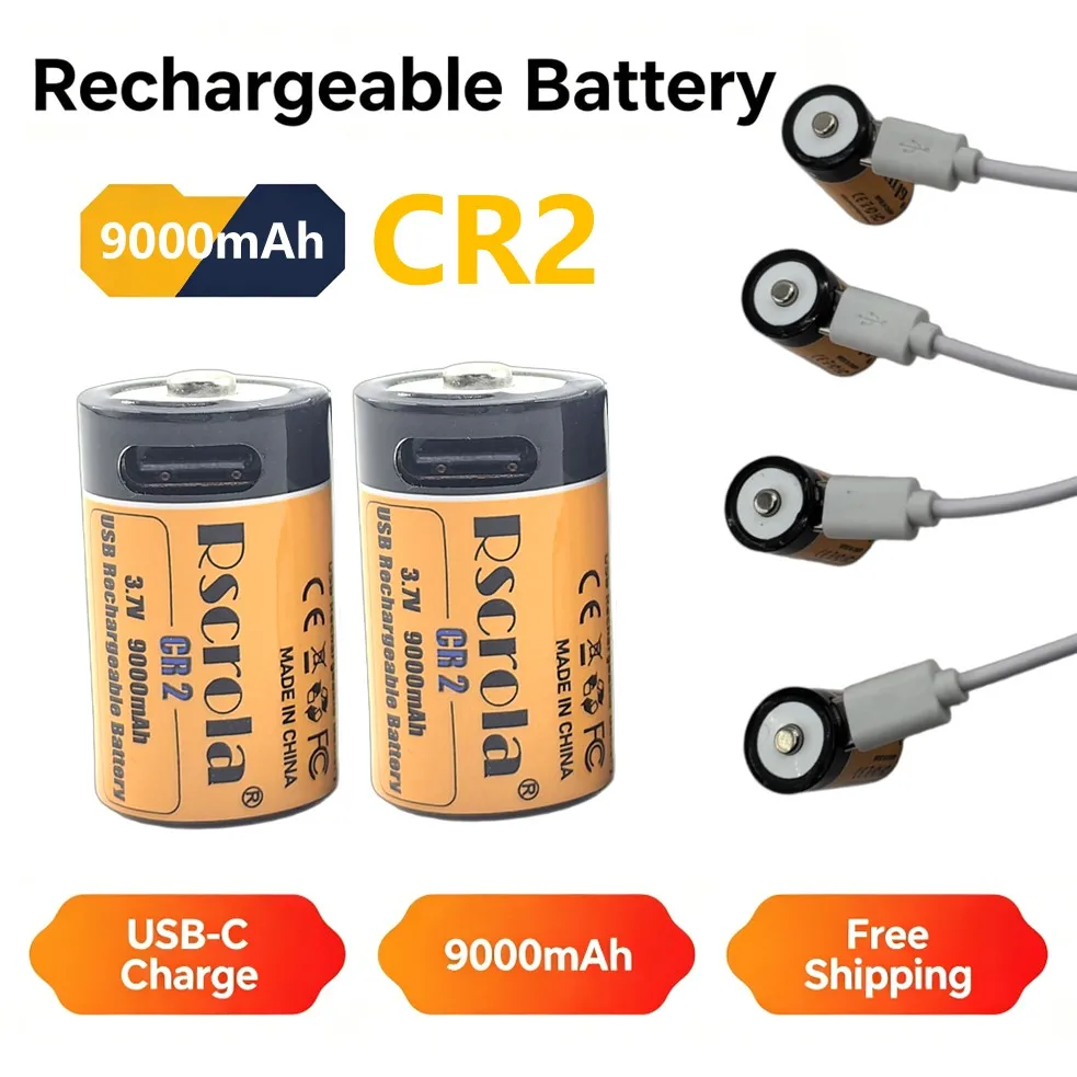 USB-C Charge CR2 Li-ion Batteries 9000mAh, Long-life CR2 Rechargeable Battery with Charging Cable, Golf Range Finder battery