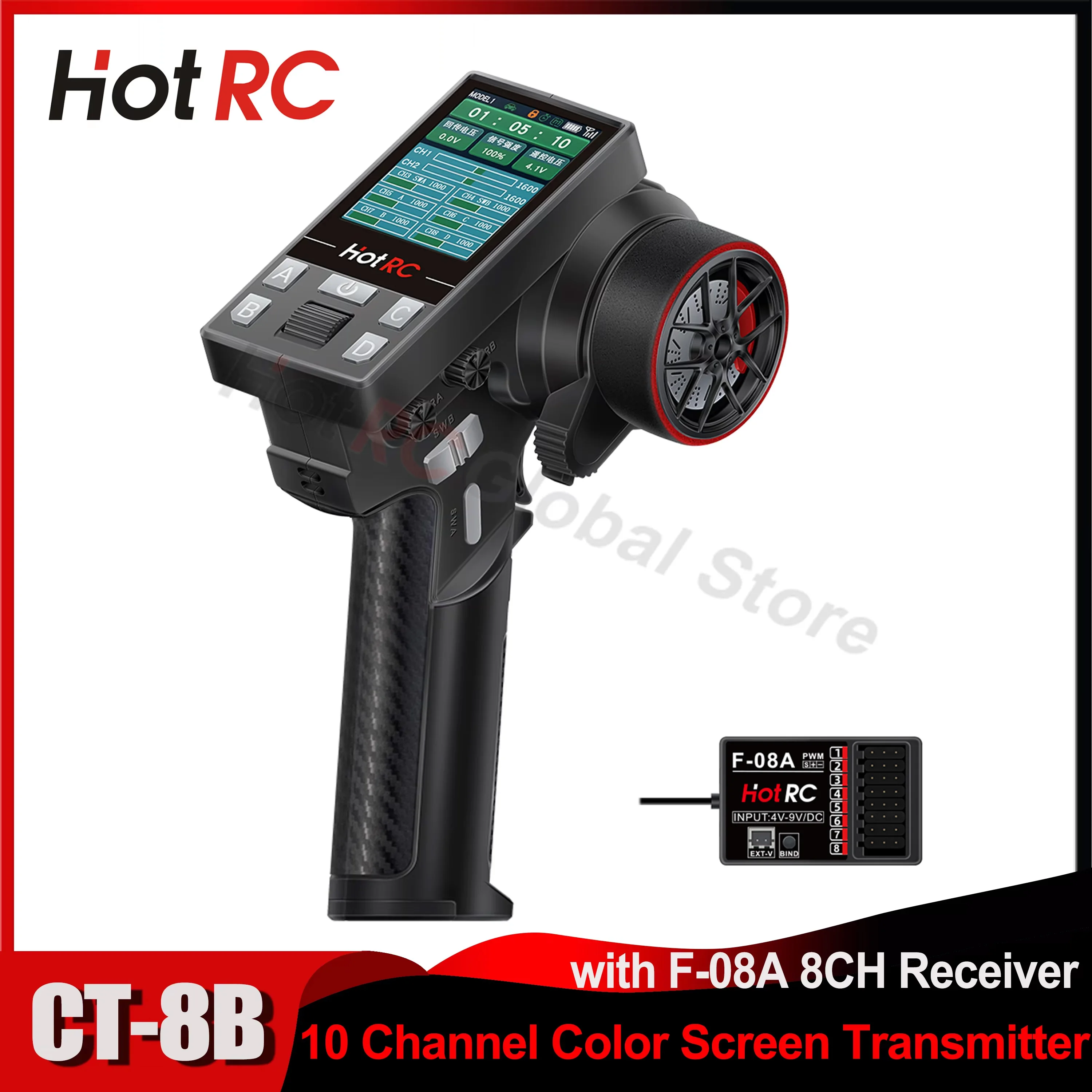 Newest HOTRC CT-8B 10CH 8 Channels Color Screen Remote Control 2.4G 8CH F-08A Receiver Transmitter for RC Car Ship Boat Tank