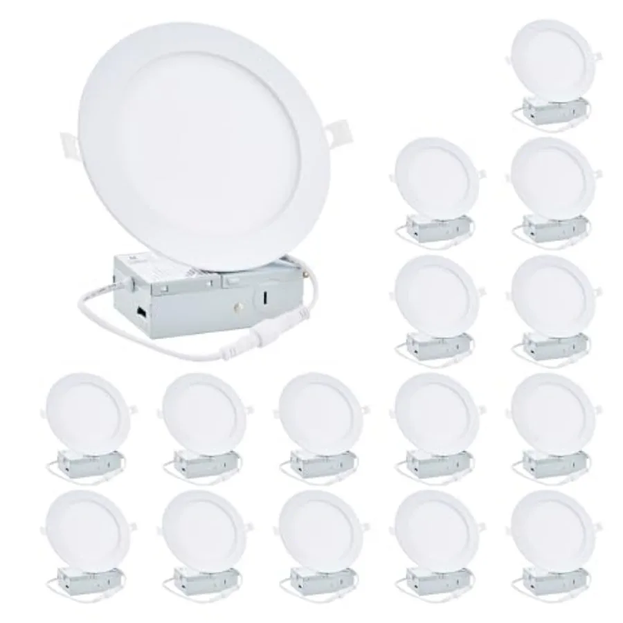 

Набор из 16 ультратонких безрамочных потолочных светодиодных светильников 6 дюймов с распределительной коробкой, 2700K-5000K, 5CCT, 1100 люмен, безрамочные, для потолка