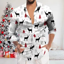 Men's Shirt Merry Christmas Print Long Sleeve Shirt For Men Vacation Party Luxury Y2k Hawaiian Smooth Clothes Streetwear Blouse