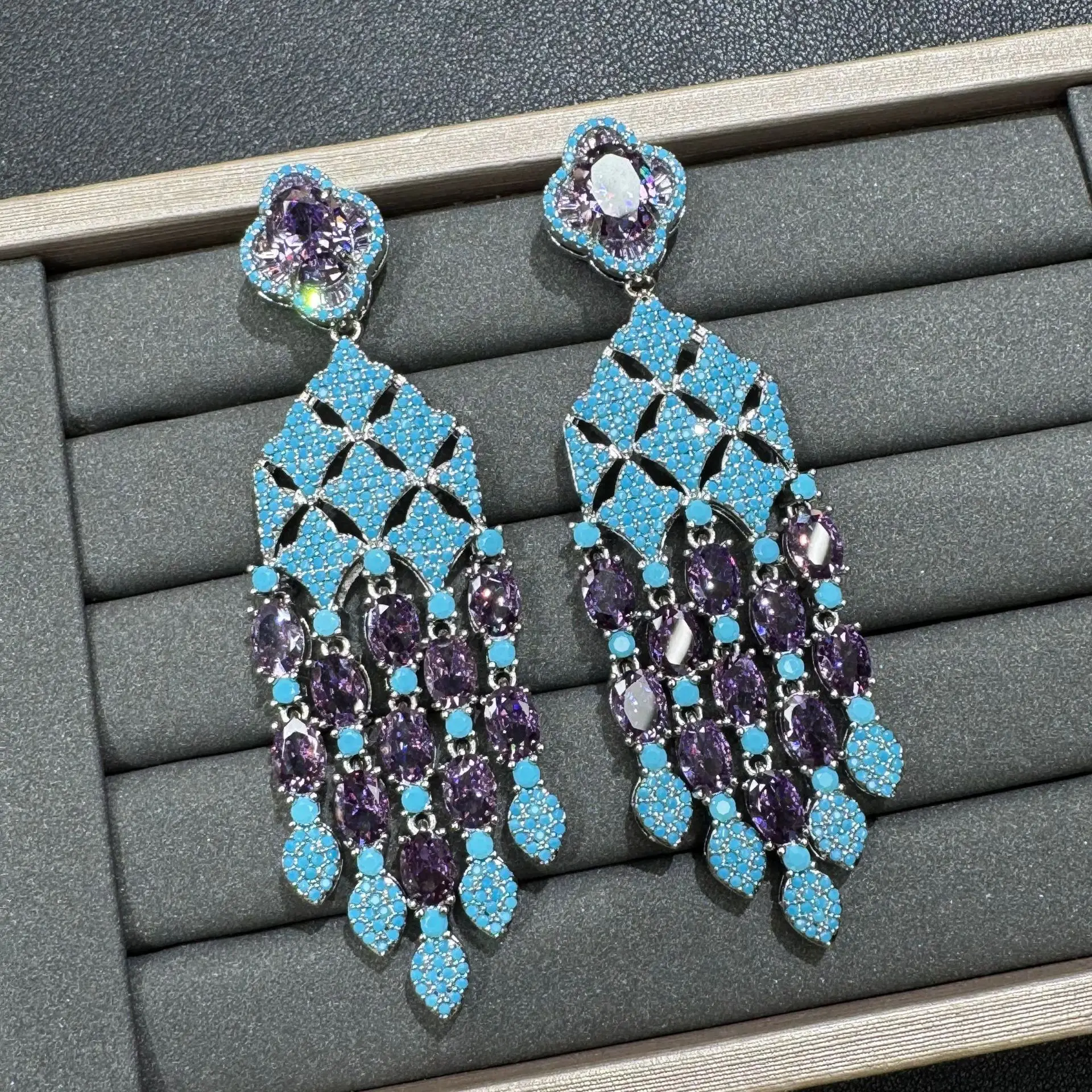 

Gorgeous cubic zirconia earrings for women jewelry long chain dangling earrings for gala event dinner party blue yellow white