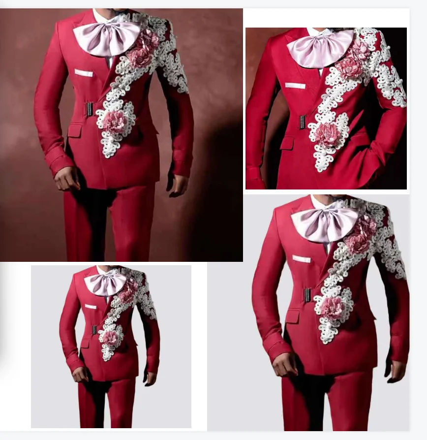 

Red Men Suits Set 2 Pcs Blazer+Pant Trouser Wedding Tuxedo 3D Flower Stone Crystals Formal Office Cotton Groom Prom Jacket Coat