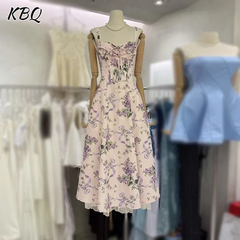 

KBQ Hit Color Printing Slimming A Line Dresses for Women Square Collar Sleeveless Backless High Waist Elegant Dress Female New