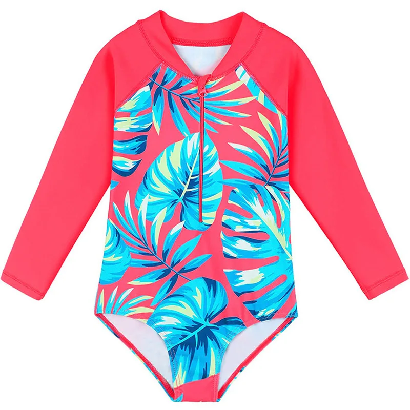 2024 European and American Girl\'s Swimsuit Ins Children\'s Long-Sleeved One-Piece Swimsuit Girls Middle and Big Children Beach