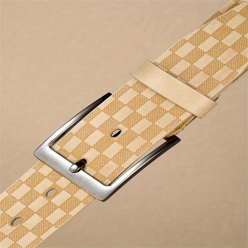 Elegant Beige Checkered Belt Men Minimalist Silver Pin Buckle Formal Business Dress Waist Strap