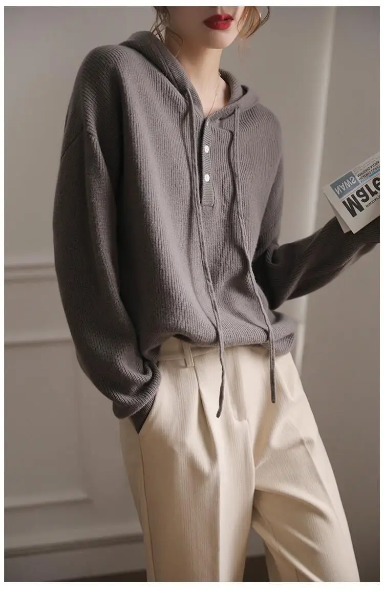 

Spring And Autumn Hooded Sweater Women's New Loose Temperament Coat White Casual Long-Sleeved Sweater Coat