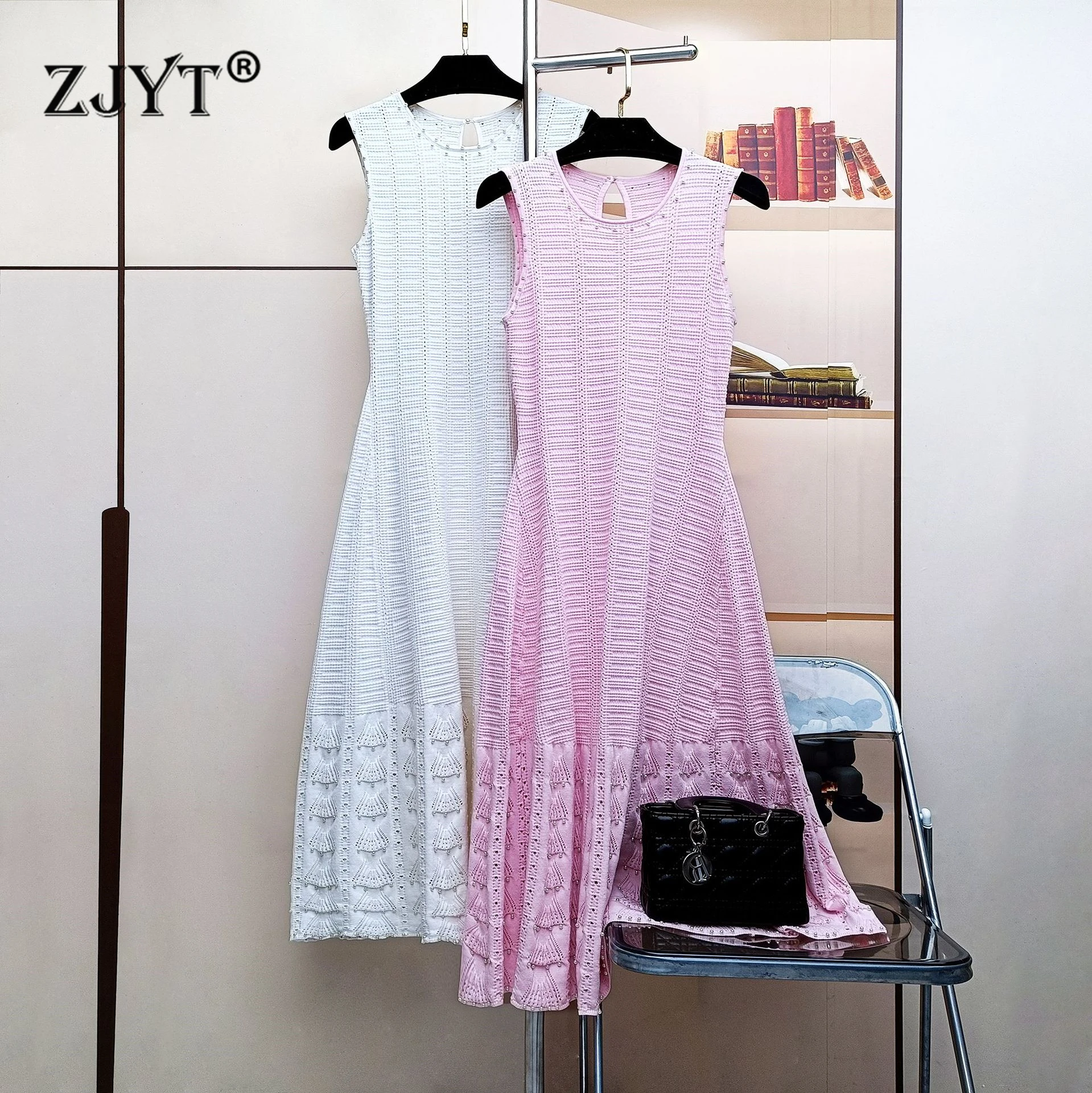 

ZJYT Summer Fashion Pearls Beading Sleeveless Knitting Dress Women 2025 New Elegant O Neck Hollow Out Midi Casual Holiday Dress