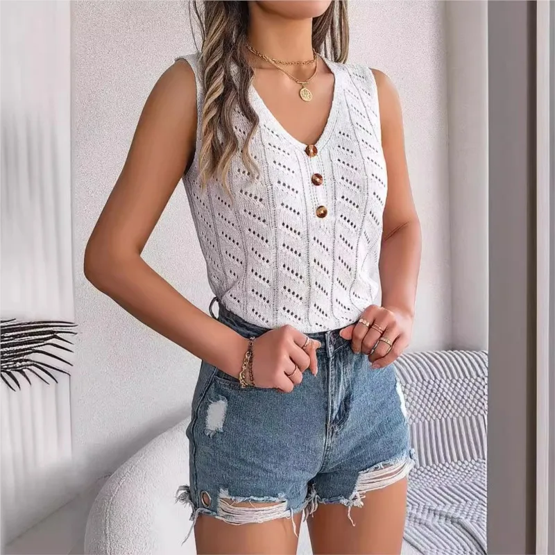 

Women's Summer New Solid Color Button V-neck Hollow Sleeveless Top Vacation Knitwear Women's Slim Fit Vest White Sleeveless Top
