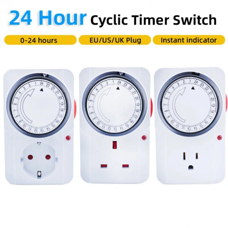 

24 Hour Cyclic Timer Switch EU/US/UK Plug Timing Socket Programmable Mechanical Timer Auto Shutdown with Overload Protection