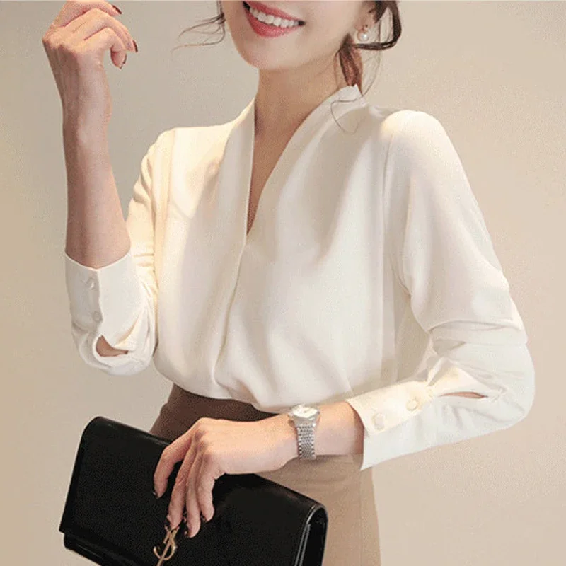 Womens Tops And Blouses V-neck Office Ladies Tops Women Chiffon Blouse Fashion Blouses Women 2024 Long Sleeve Women Shirts A675