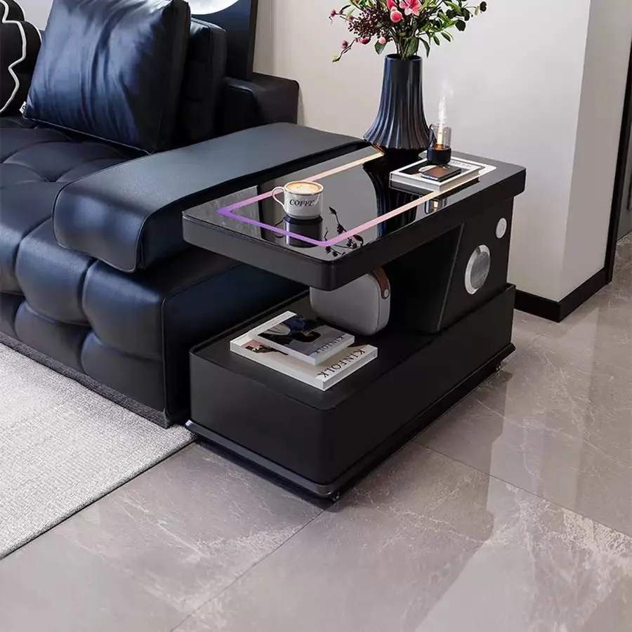 Luxury Mobile Coffee Table Solid Wood Bedside Cabinet Smart Wireless Charging Bluetooth Speaker Password-Locked Multi-Functional