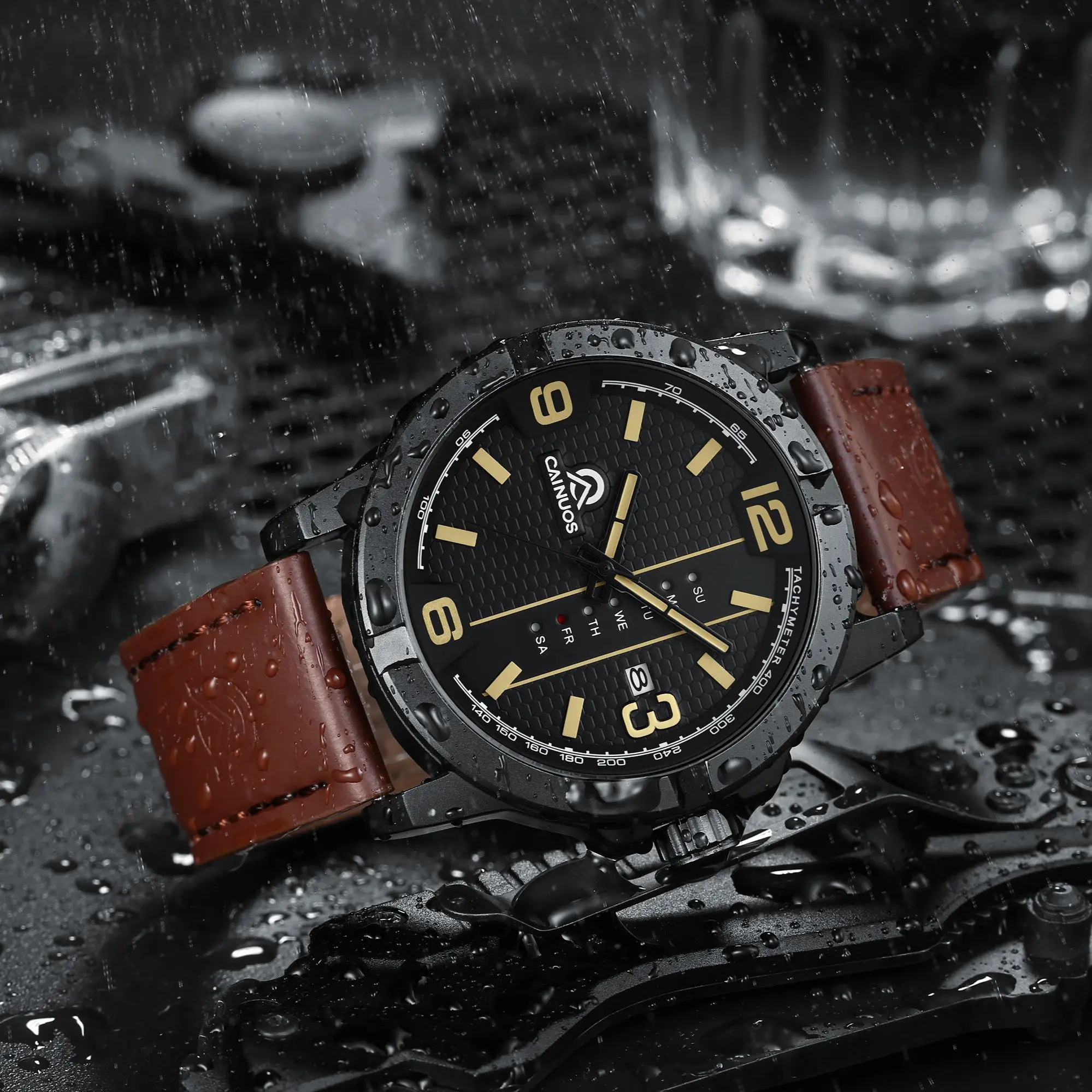 Мужские часы с кожаным ремешком — водонепроницаемые кварцевые часы с днем и большим циферблатом