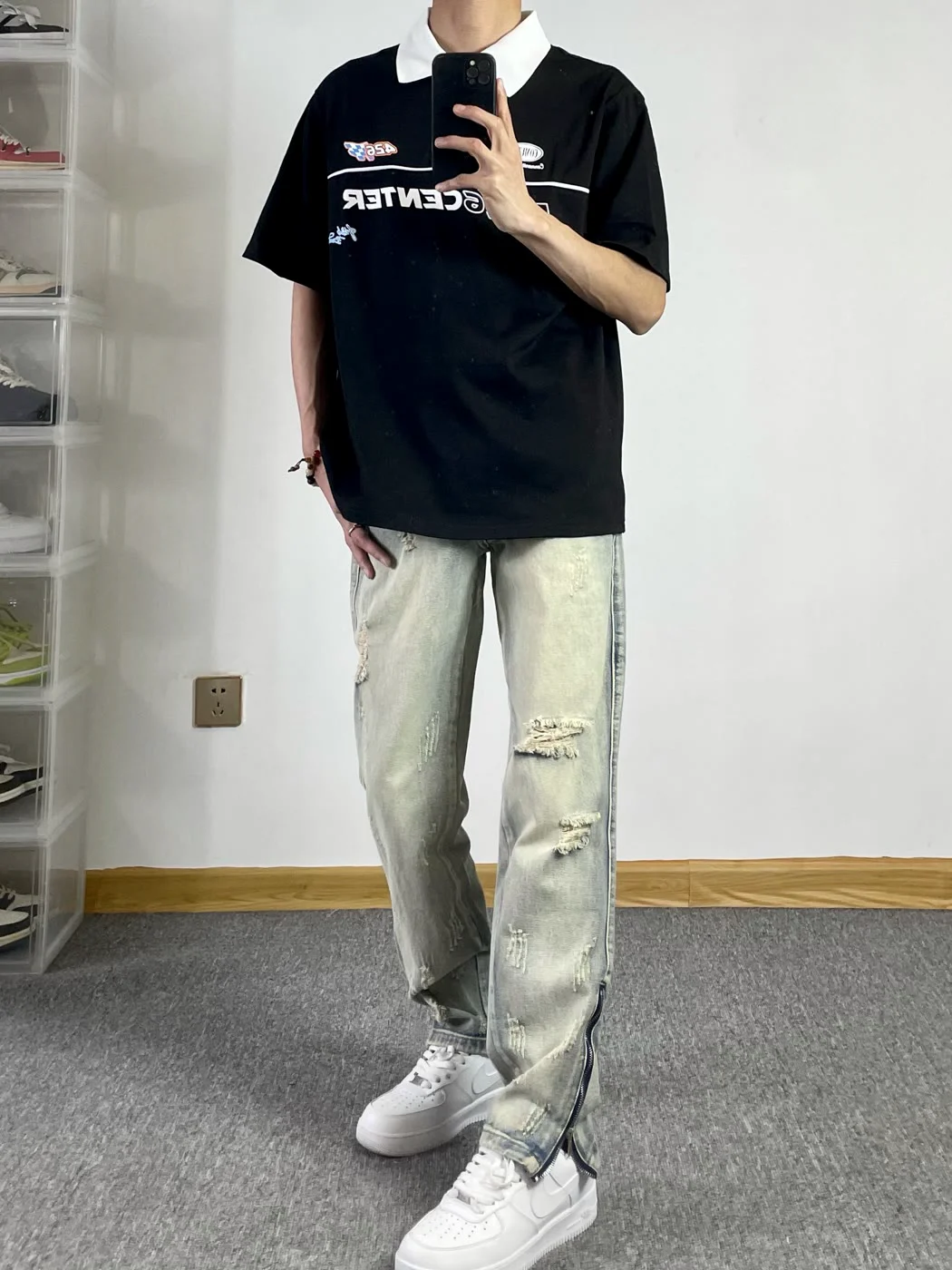 

Trendy American Style Men's Jeans Knee Hole Washed out Zipper Slit Straight Leg Long Pants Summer Casual Wear Youth Popular