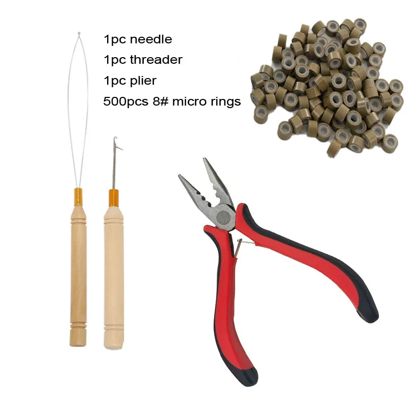 Haarverlängerungen, Perlen, Werkzeuge, Kit, Verlängerungen, Mikrozugnadel, Schlaufeneinfädler und 500-teilige, mit Silikon ausgekleidete Mikroringe – Detail 1