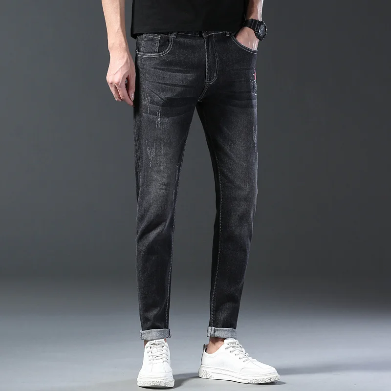 ผู้ชายแฟชั่นกางเกงขายาวขาตรงตัวเล็กแนวสตรีทผ้ายืดทรงสลิม celana JEANS DENIM สีเทา