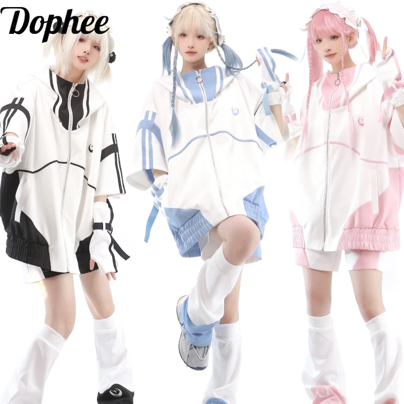 

Dophee Original Subculture Summer Sports Suits Colorblock Short Sleeve Zip Cardigans Coat Elastic Waist Loose Shorts Casual Sets