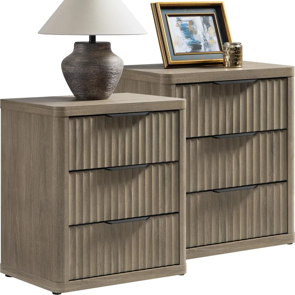 

Night Stand Set of 2 Nightstands with 3 Drawers Storage Bedside Table Large Fluted Bed Side End Table Modern 25.6 Tall W