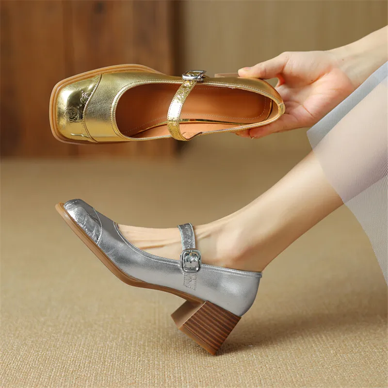 

New Spring Cow Leather Women Shoes Square Toe Women Pumps Fashion Retro Mary Jane Shoes for Women High Heels Casual Ladies Shoes